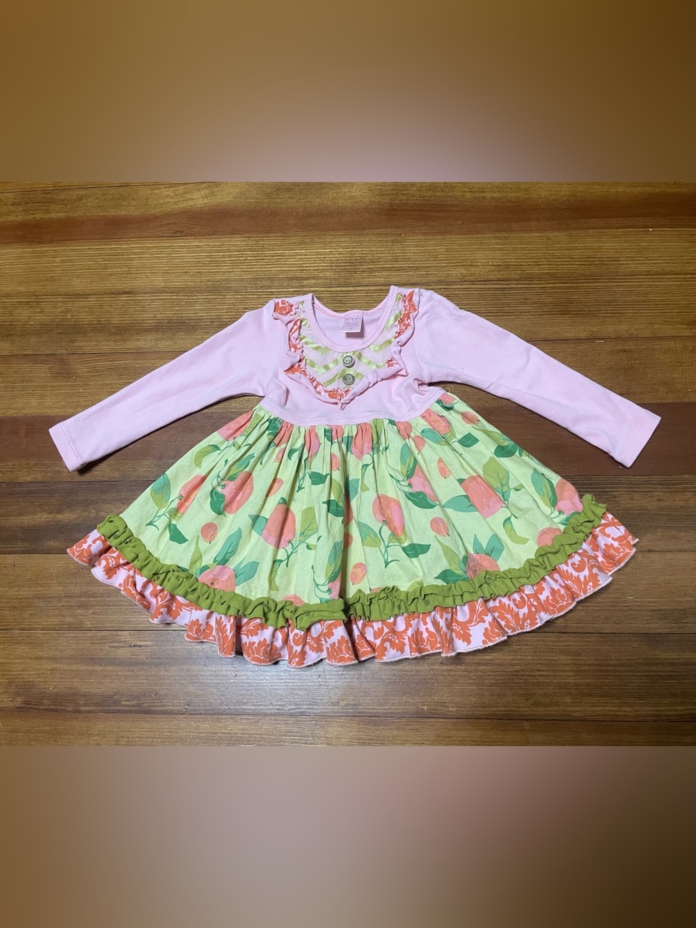 Giggle Moon Pink Bodice Green Floral Ruffle Peach Dress Size 2T